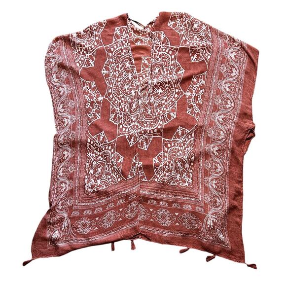 Lovestitch Rust Red Bohemian Lightweight Tasseled Kimono Shawl One Size - Picture 2 of 6